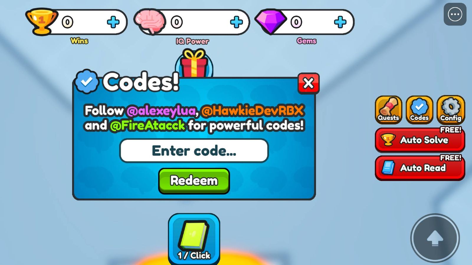 The code redemption screen in IQ Wars Simulator on Roblox.