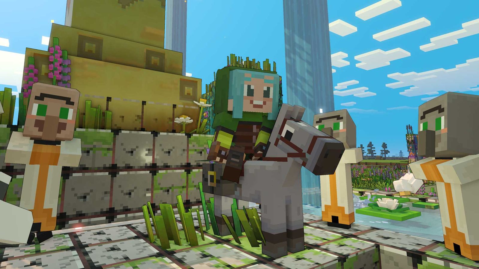 The character and multiple villagers in Minecraft Legends.