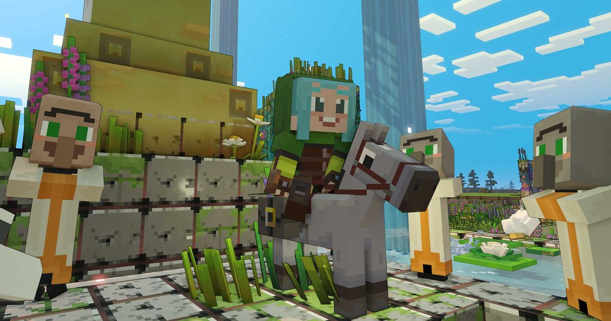The character and multiple villagers in Minecraft Legends.