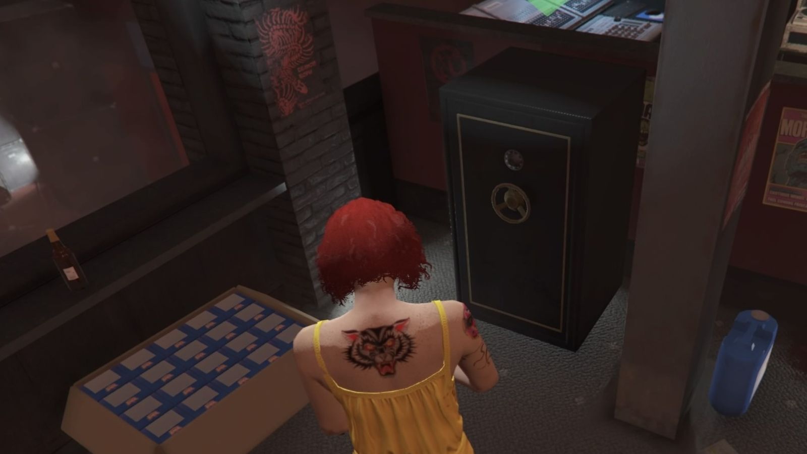 GTA Online The Contract. Player is facing the safe with the stolen necklace in it inside Tequi-la-la. 