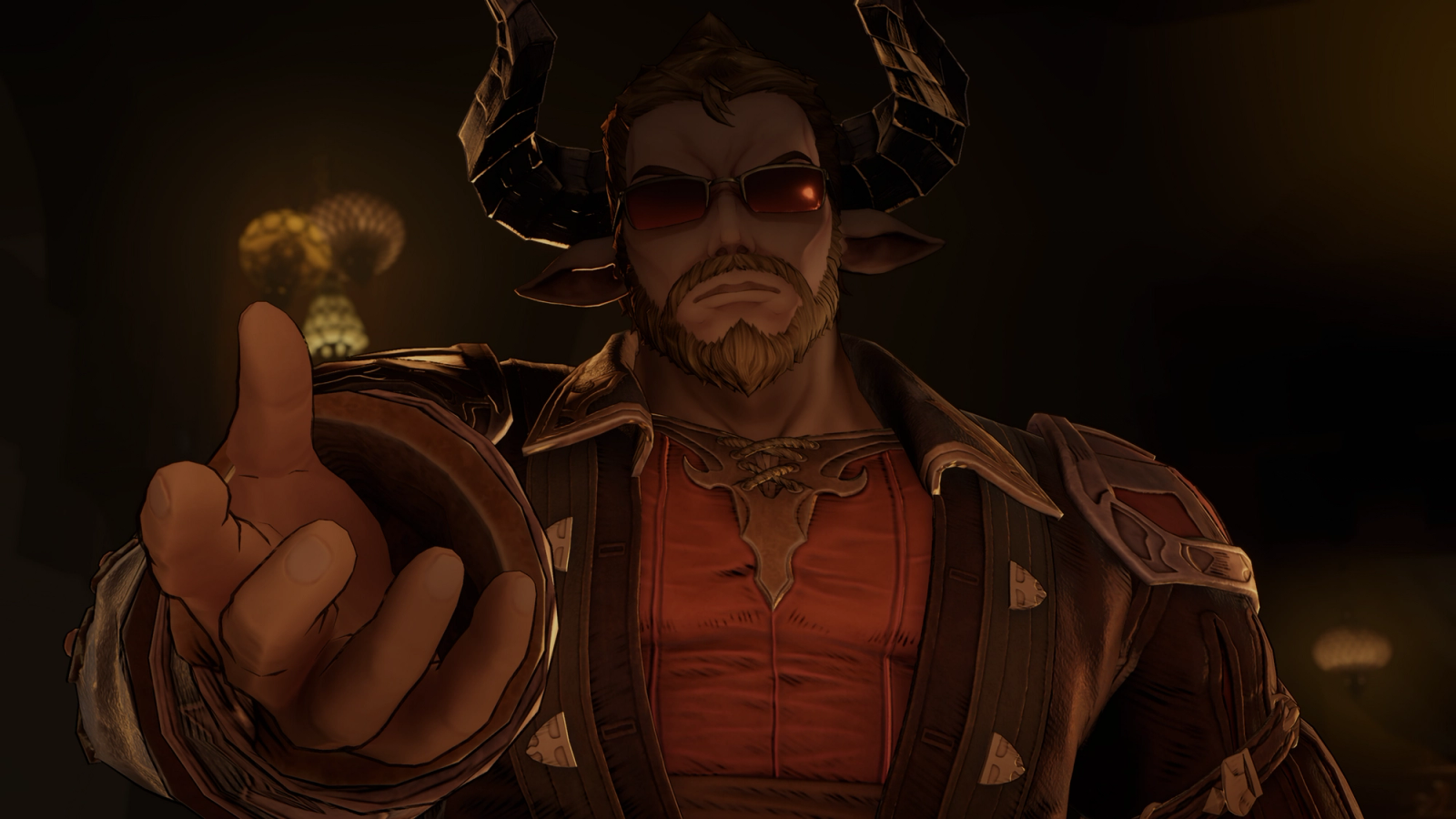 granblue fantasy relink zathba man with horns and sunglasses holding out hand wearing red shirt