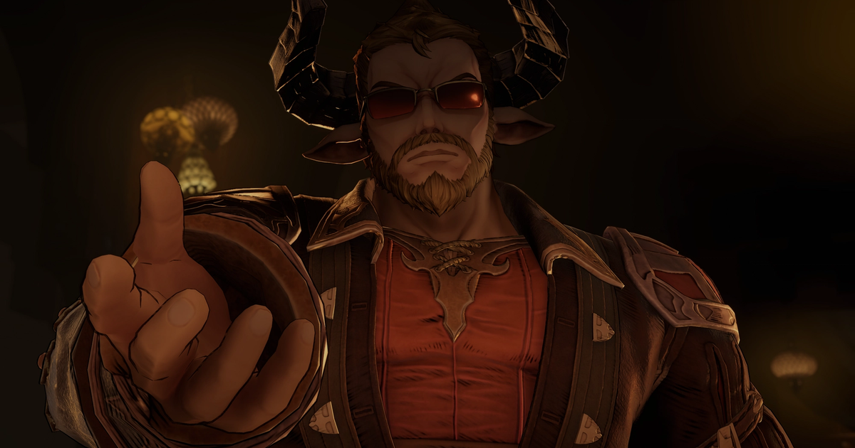 granblue fantasy relink zathba man with horns and sunglasses holding out hand wearing red shirt
