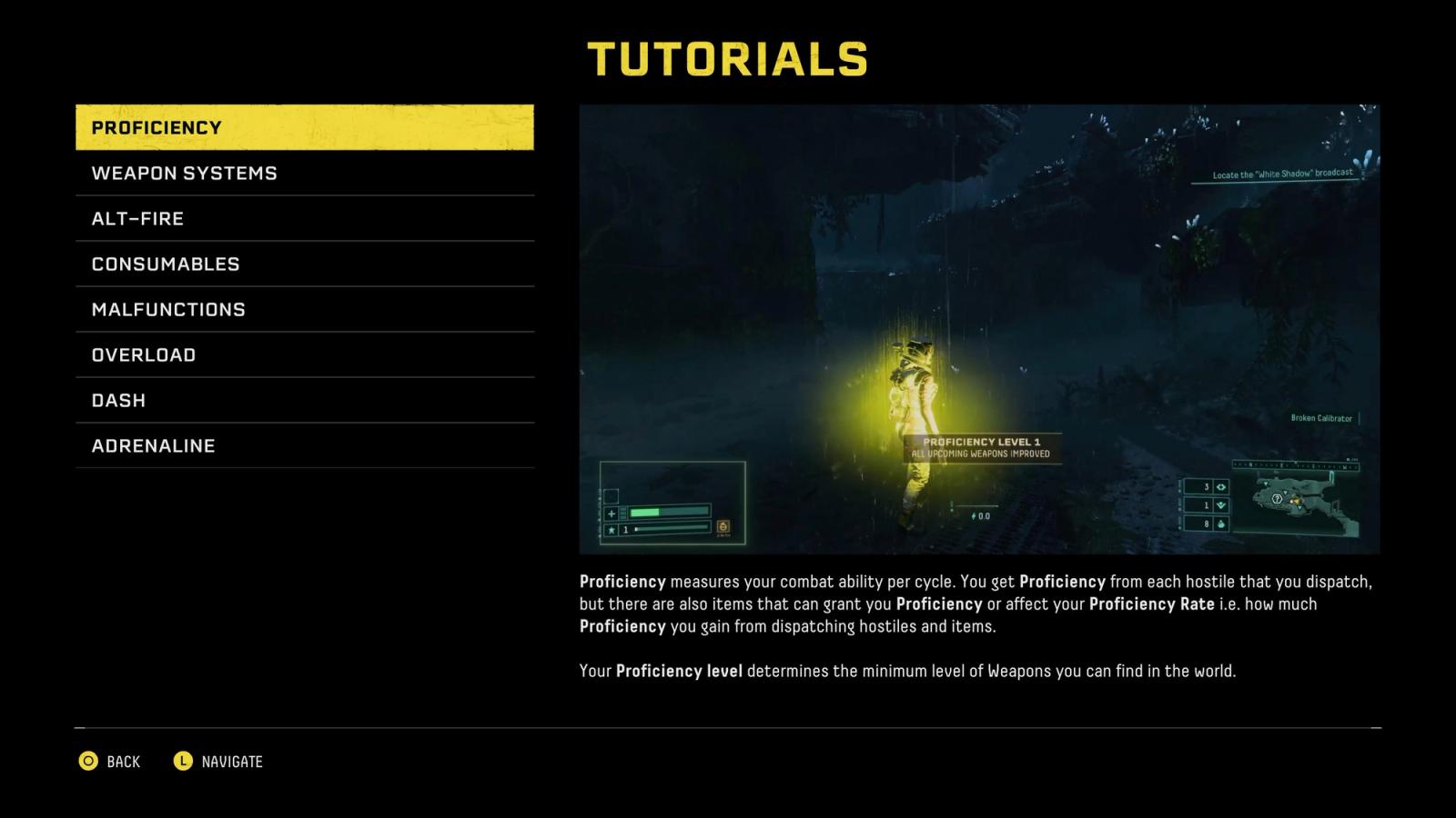 The tutorial menu in Returnal showing the description for the Proficiency attribute