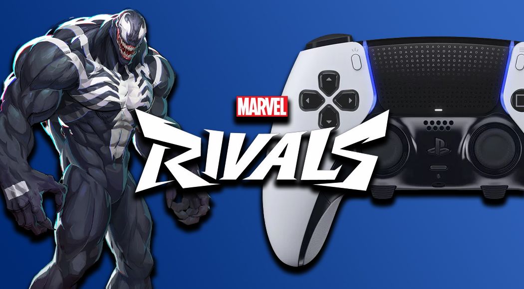 Venom from Marvel Rivals next to a white and black DualSense Edge controller. Both are behind the Marvel Rivals logo in white and red, all of which sits in front of a blue background.