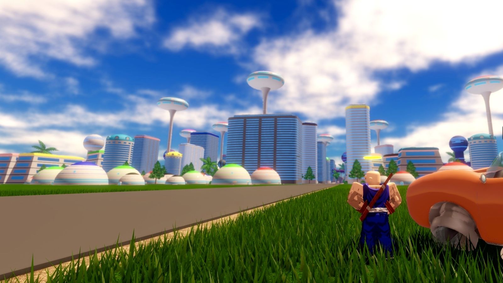 Image of a Roblox character looking over a city in Dragon Ball Xeno Multiverse
