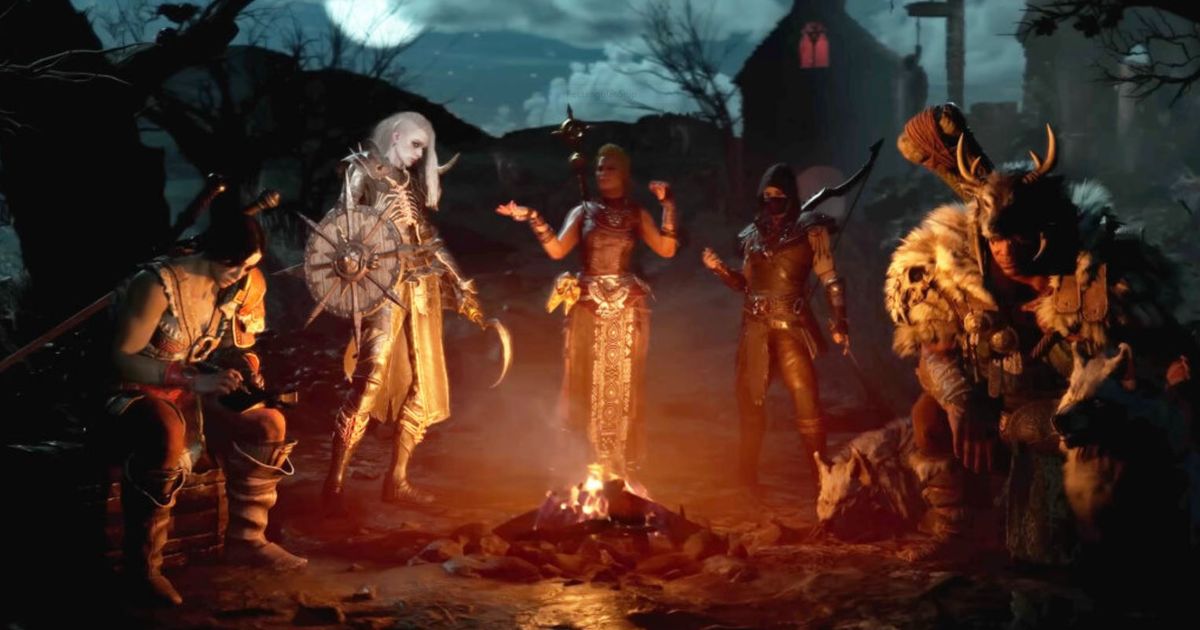 Multiple characters huddled around a campfire in Diablo 4.