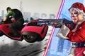 An old woman dressed as Santa holds a shotgun whilst a man sleds down a hill in GTA Online.
