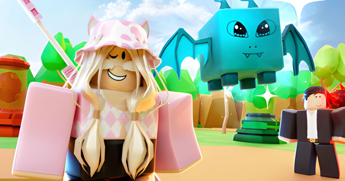 A Roblox woman wearing all pink and a bucket hat with cat ears standing next to a flying bat creature