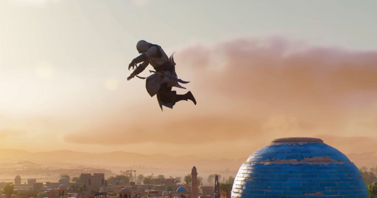 An image of the main character of Asssassin's Creed Mirage jumping off a roof