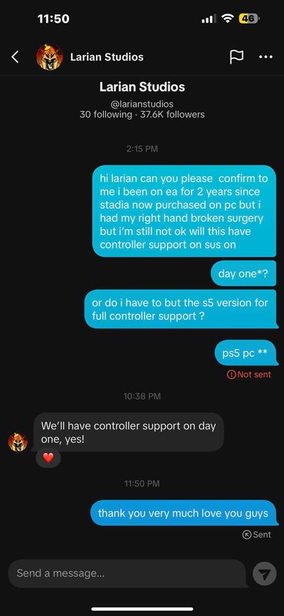 Picture of DM from Larian Studios confirming controller support