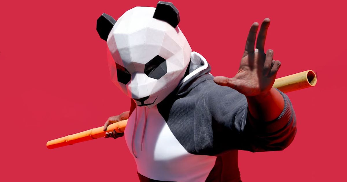 The Finals player holding bamboo stick and wearing panda hemlet on red background