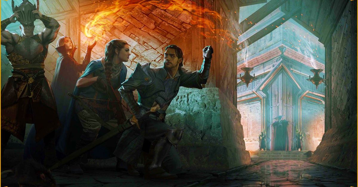 Two men and two women hide around a behind a wall from some ominous guards in the distance.