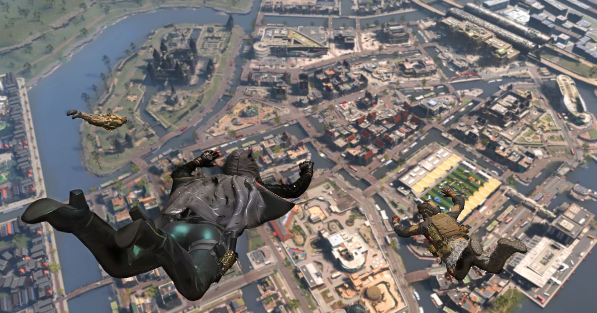 Screenshot of Warzone players dropping into Vondel map from above