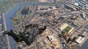 Screenshot of Warzone players dropping into Vondel map from above