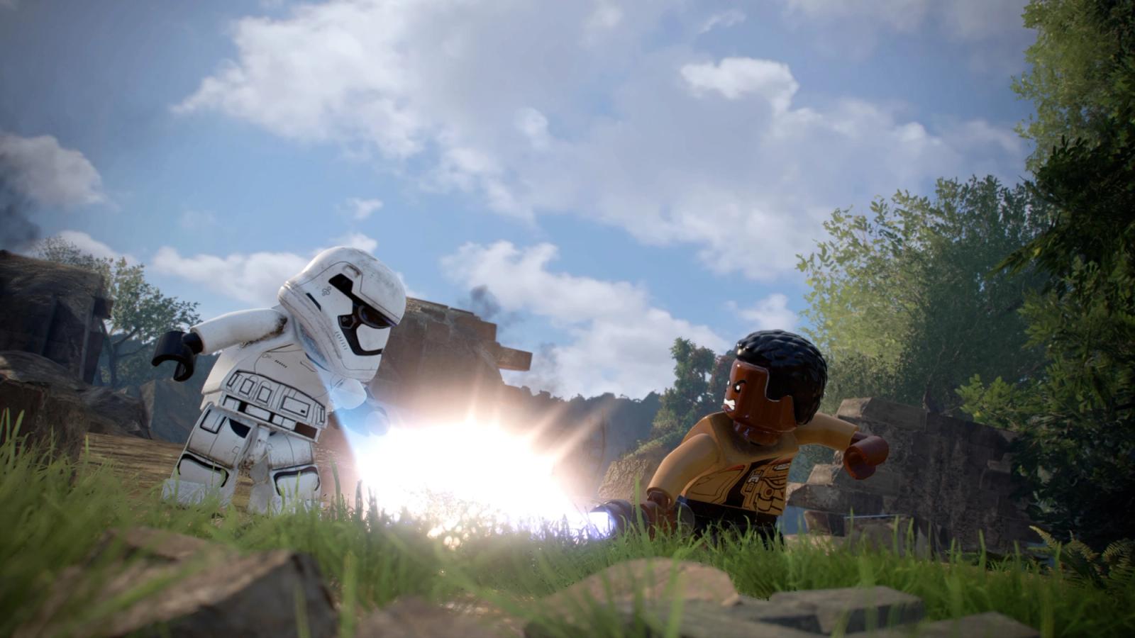 Finn fights a stormtrooper in Lego Star Wars: The Skywalker Saga.