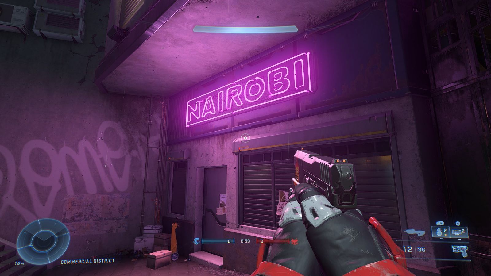 An image of the Halo Infinite Streets map's Commercial District, with a "Nairobi" purple neon sign.