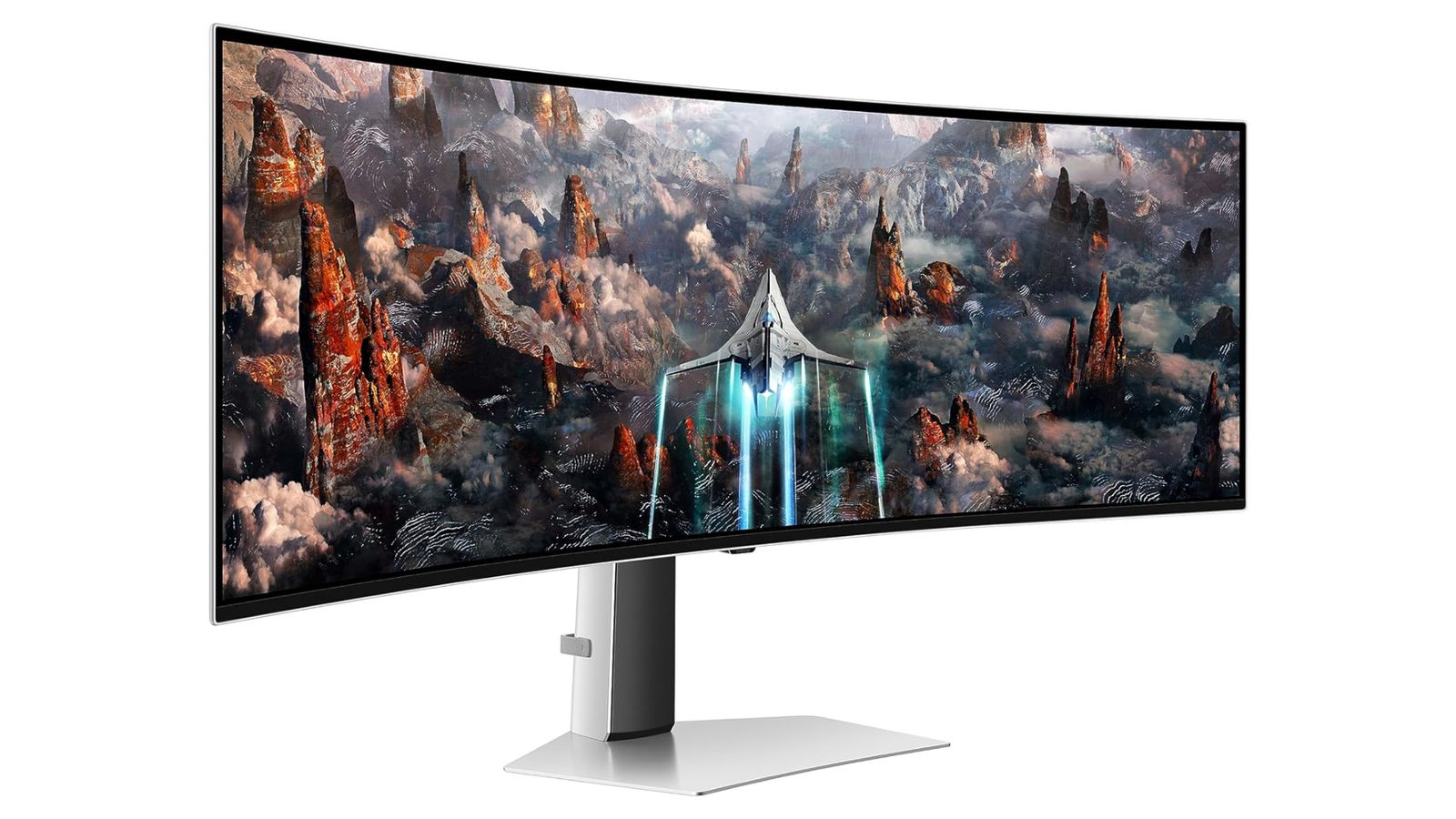 Samsung Odyssey G93SC product image of a silver and black ultrawide monitor with a silver spaceship on the display.
