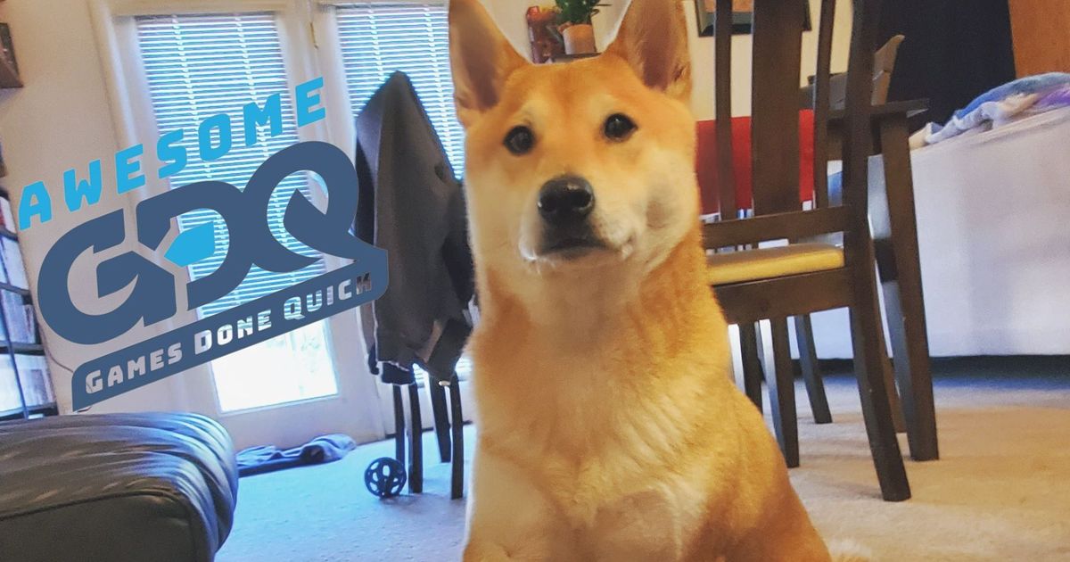 A Shiba Inu next to the Awesome Games Done Quick logo