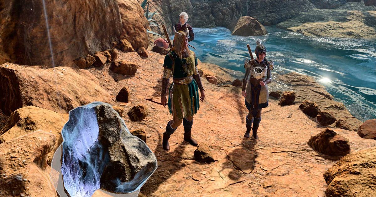 The team looking at the Scuffed Rock in Baldur's Gate 3.