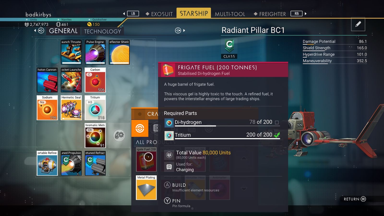 The recipe for 200 tonnes of Frigate Fuel, using Di-hydrogen and Tritium, is shown in the crafting area of the player inventory in No Man's Sky.