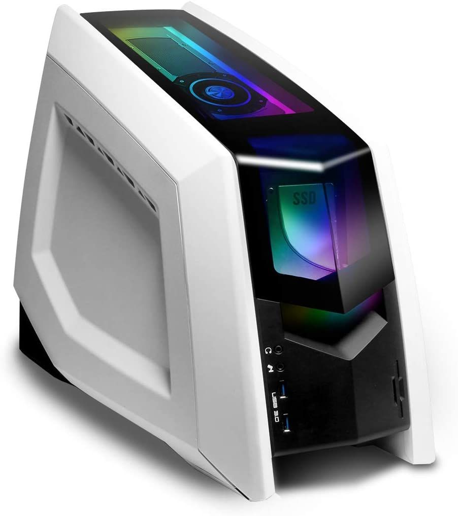 iBUYPOWER Revolt 2 9330 product image of a small white PC with a black centre stripe and multicoloured lighting across it.