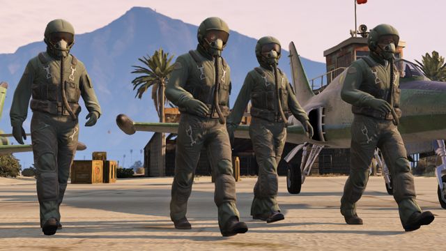 Pilots walk across the runway in GTA Online
