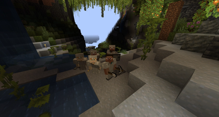 A group of Minecraft players in an azalea biome. 