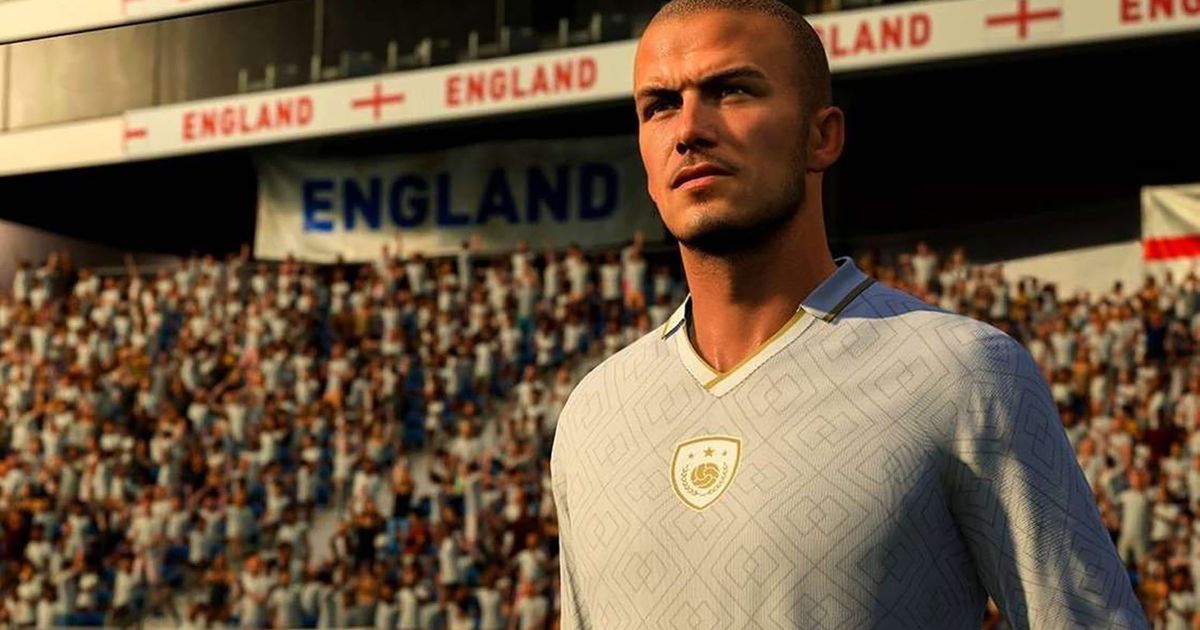 Screenshot of EA Sports FC Icon David Beckham in front of crowd with England banners