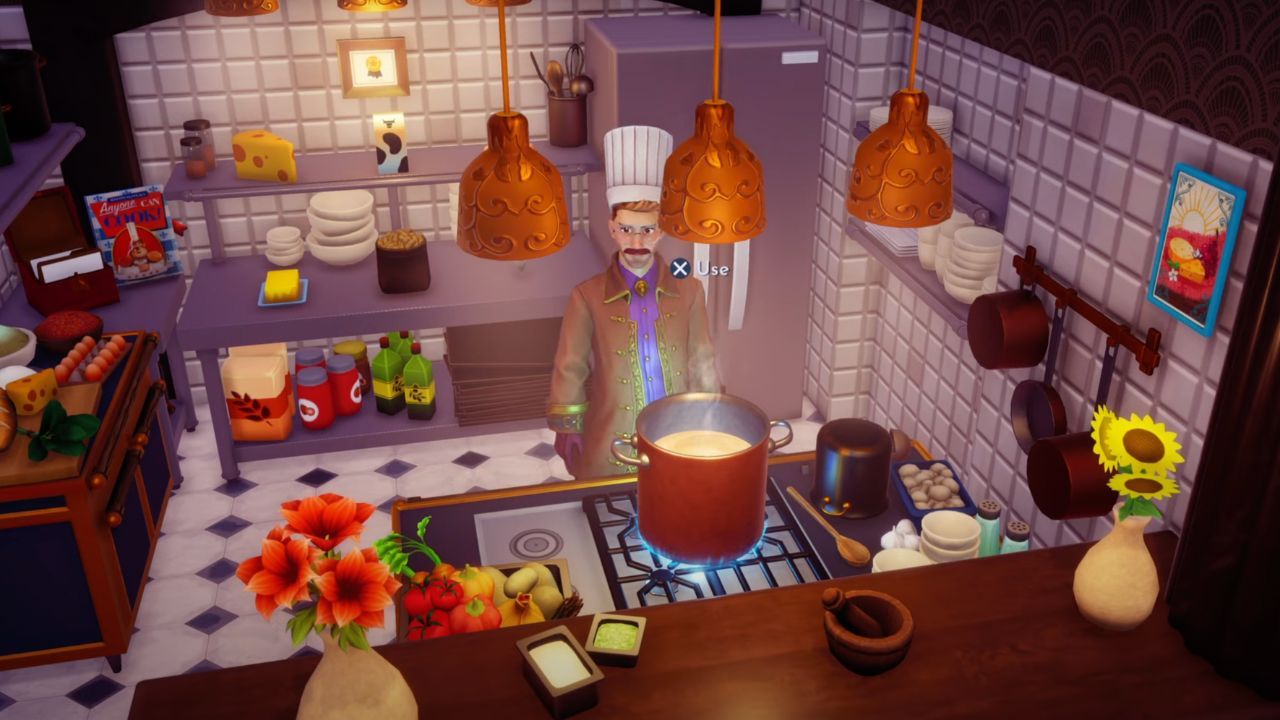 The character is about to cook in the kitchen in Disney Dreamlight Valley.