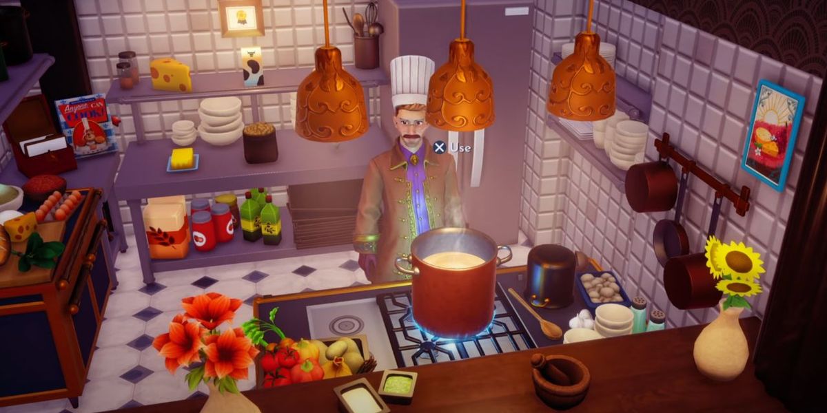 The character is about to cook in the kitchen in Disney Dreamlight Valley.