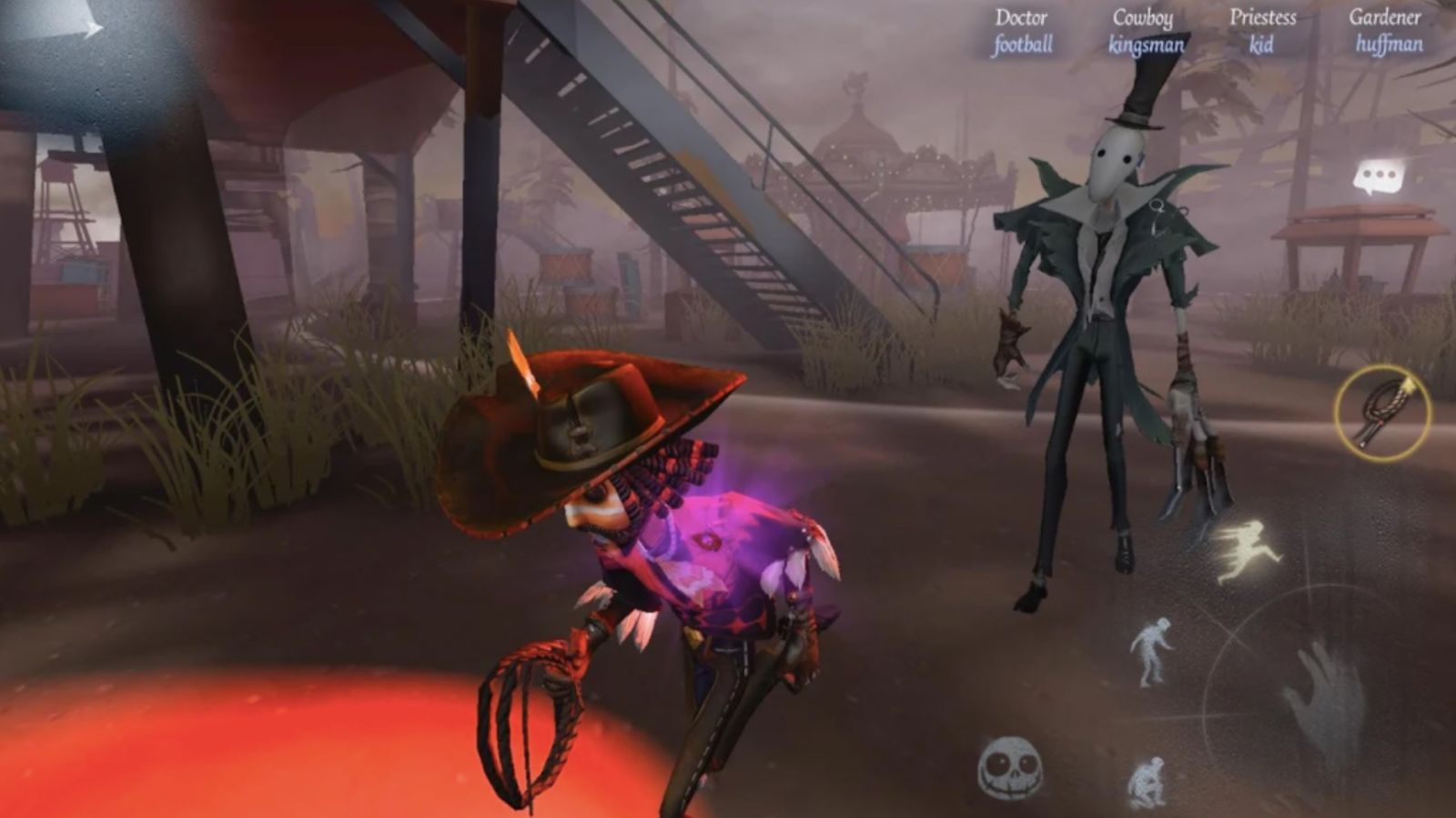 Screenshot from Identity V, showing a survivor running from a masked killer