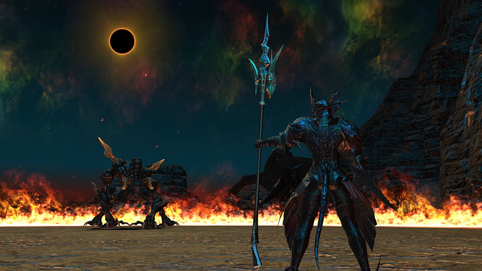 An image of a Dragoon from Final Fantasy XIV embarking on the final step of his Anima Lux Relic Weapon from Heavensward, confronting the firey primal Ifrit.