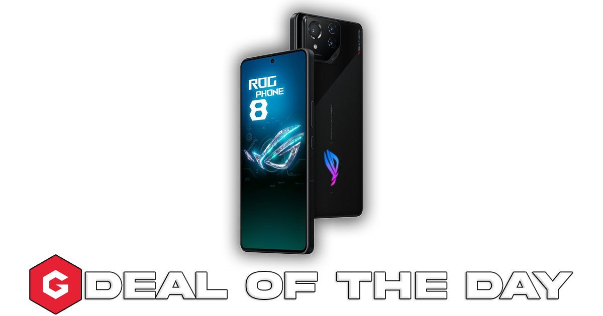 A black gaming phone with white ROG Phone 8 branding in front of a blue background on the display above DEAL OF THE DAY branding in black.