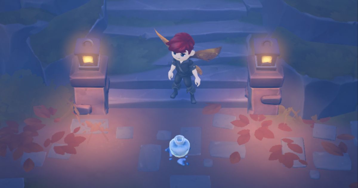 Fae Farm player stands between two lights facing a bottle of spore essence