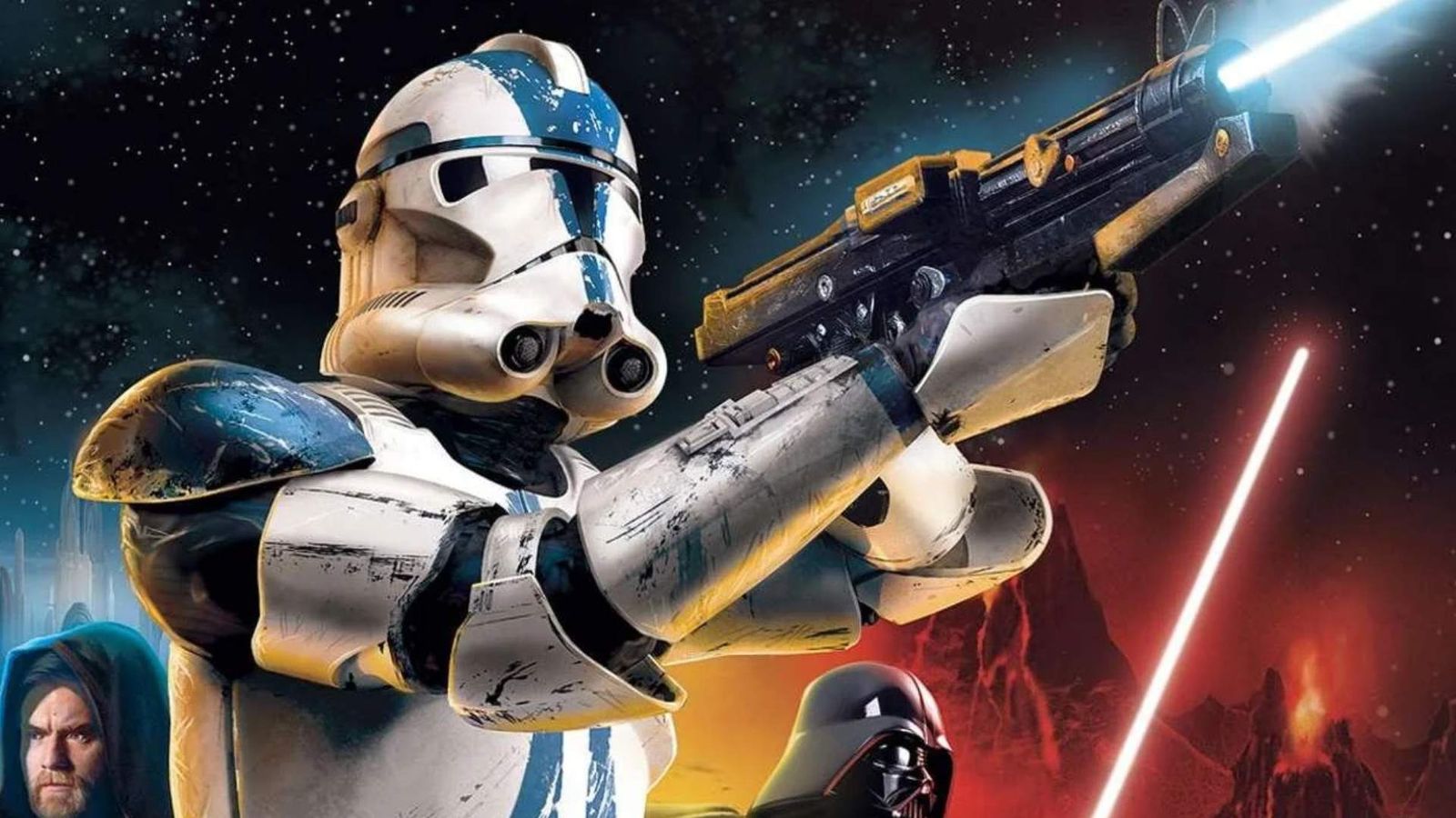 Star Wars Battlefront 2 keyart showing a clone trooper firing a blaster