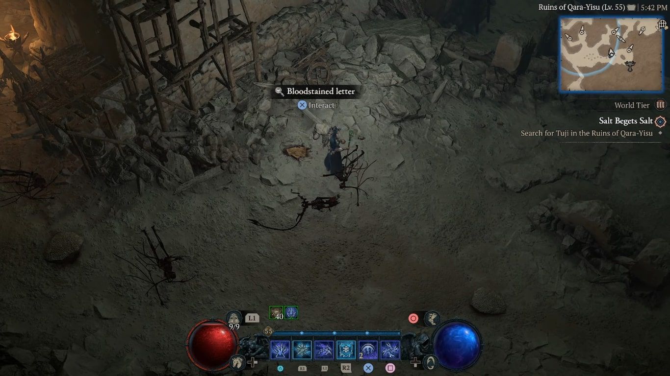 A screenshot of the bloodstained letter in Diablo 4.