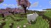 A Minecraft Goat underneath a Minecraft Cherry Blossom Tree