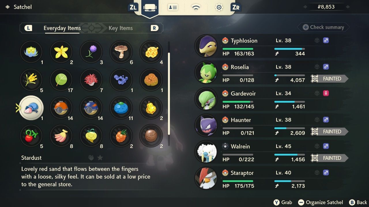 Stardust shown in a player inventory in Pokémon Legends: Arceus.