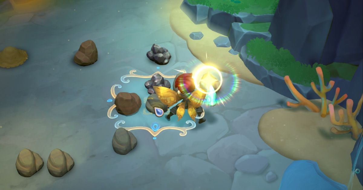 Fae Farm player using a pickaxe ability on a collection of rocks
