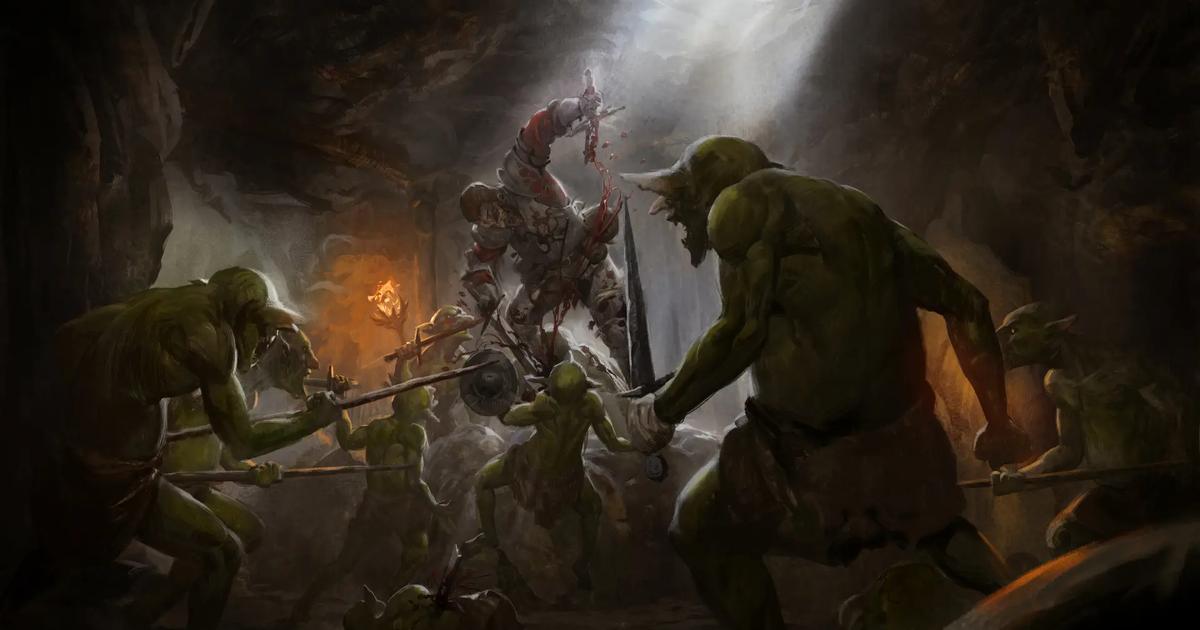 Promotional artwork for Dark and Darker showing a character fighting a wave of goblins.
