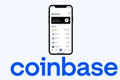 Coinbase logo below a phone displaying Coinbase app.