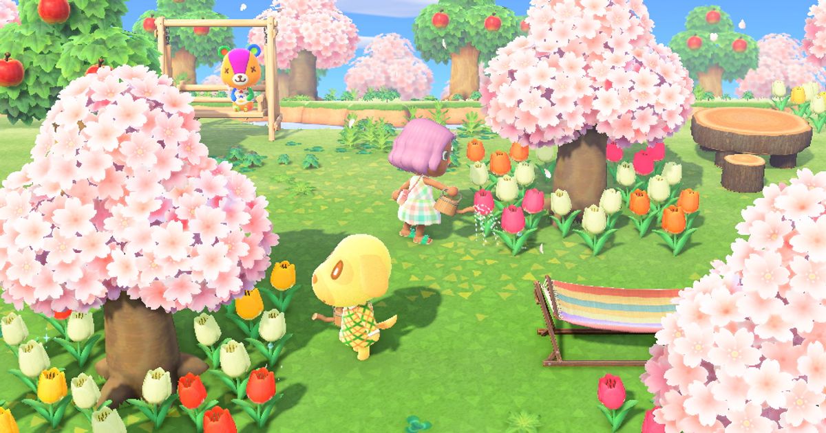 A player and villager watering flowers on an island in Animal Crossing: New Horizons.