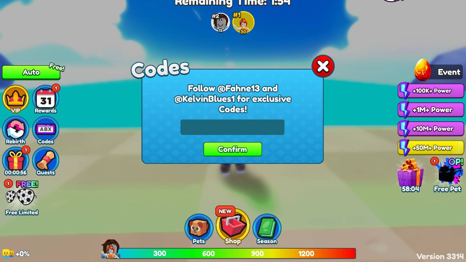 The code redemption screen in Kick It Simulator.