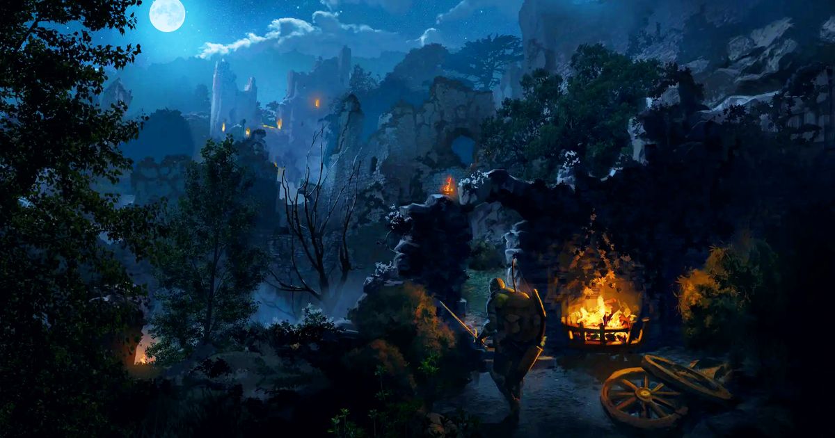A lone adventurer lit by a brazier entering the ruins from Dark and Darker