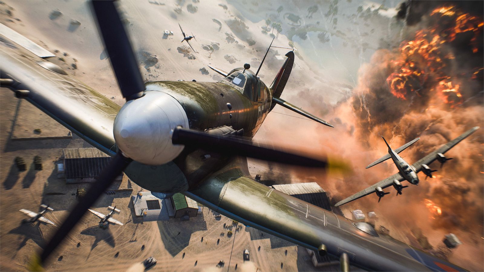 A plane flies away from an explosion in Battlefield Portal.