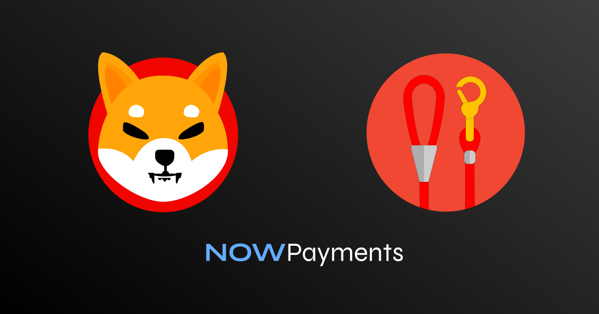 Image of Shiba Inu Coin logo next to LEASH logo, both above the NOWPayments logo, on a dark grey background.