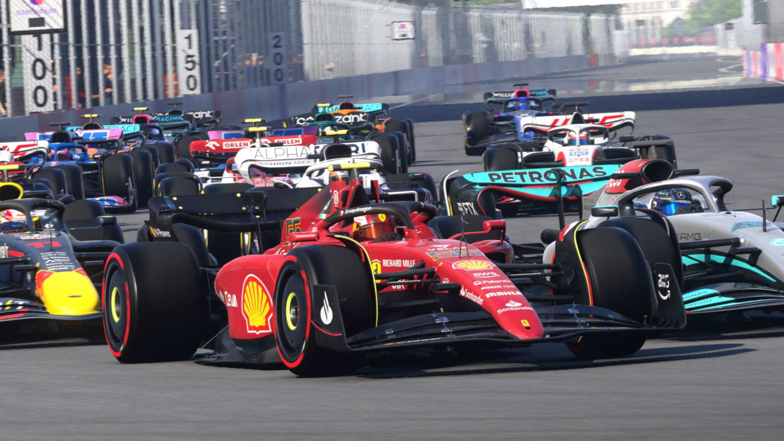 Cars fighting for position near the start of an F1 22 race