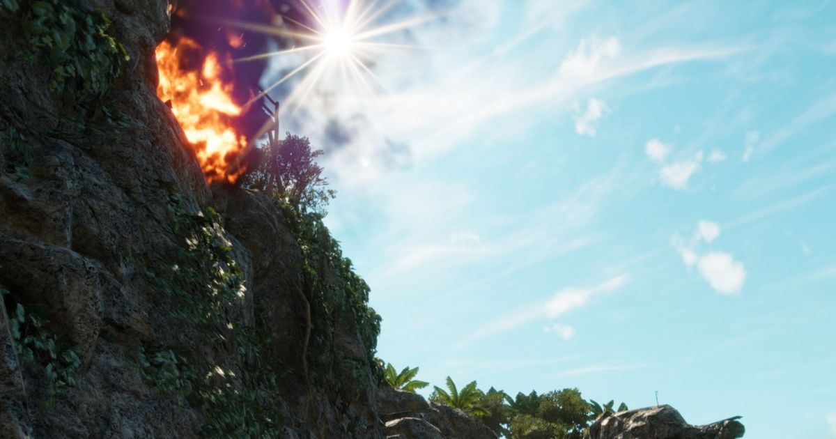 Far Cry 6's Dead Drop Operation: The burning bunker from the ocean below.