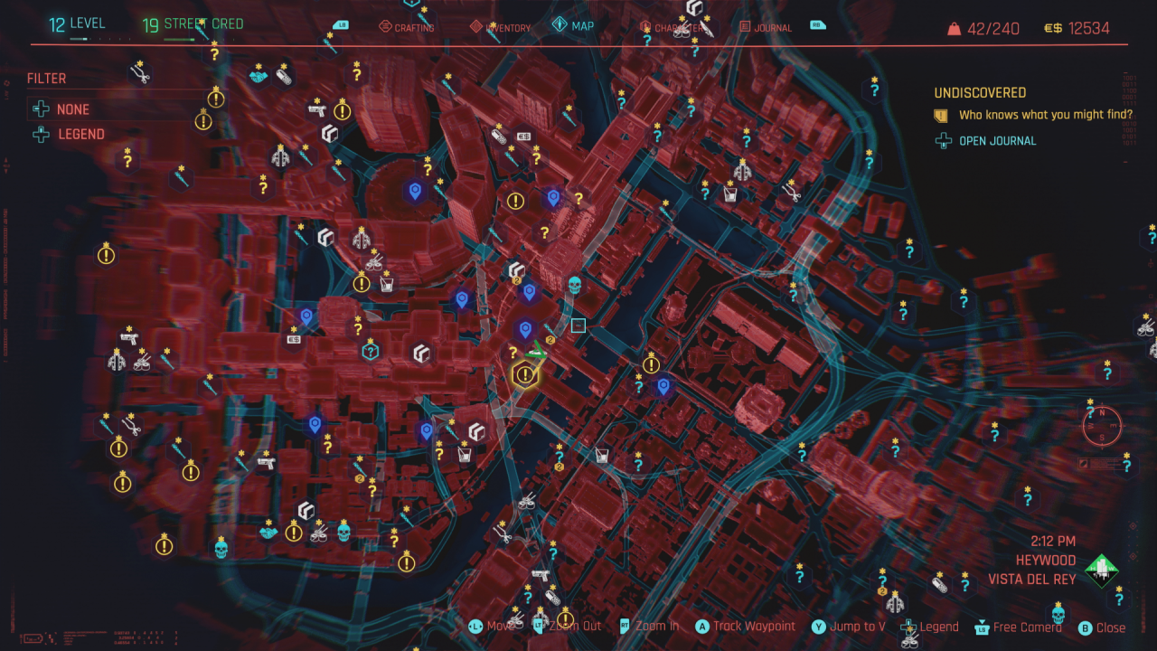 Screenshot from Cyberpunk 2077, showing the in-game map with a series of icons spread over it.