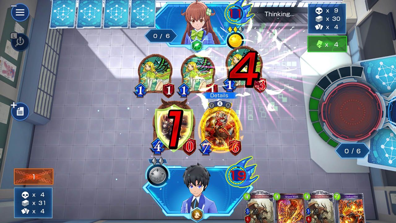 Screenshot from Shadowverse: Champion's Battle showing a mid-battle scene - with the protagonist facing a female opponent.